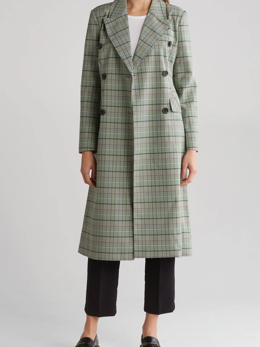 Avec Les Filles Plaid Double-Breasted Long Trench Coat - Black / Green - M NWOT